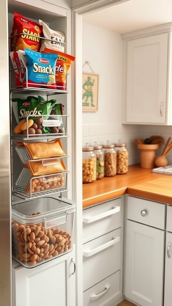 A well-organized small kitchen featuring tiered racks and clear jars for snack storage.